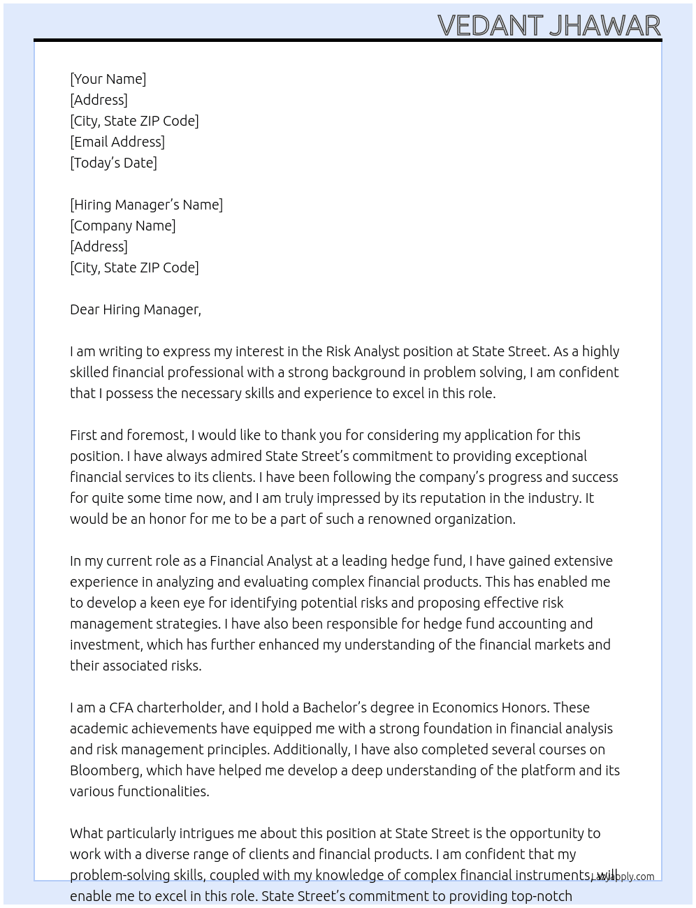 Risk Analyst At State Street Cover Letter