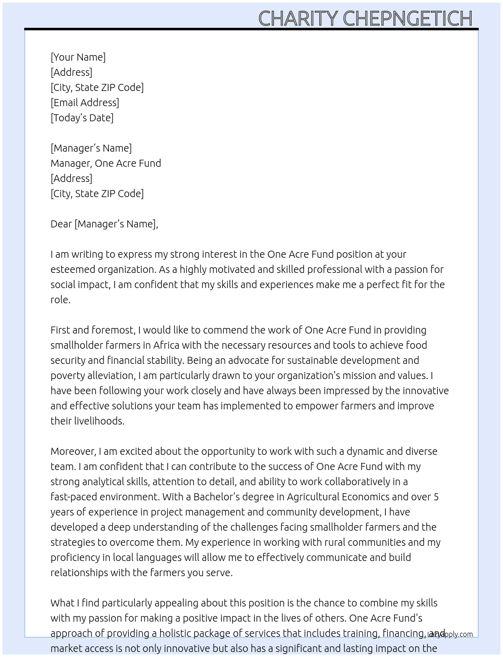One acre fund  At Supervisor  Cover Letter