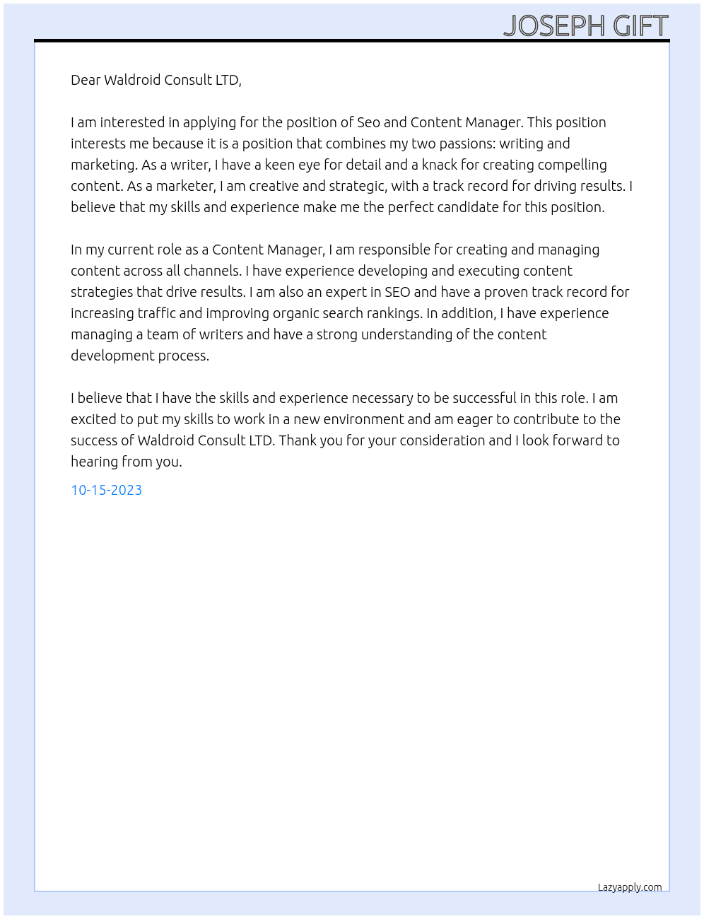 Seo and Content Manager At Waldroid Consult LTD Cover Letter