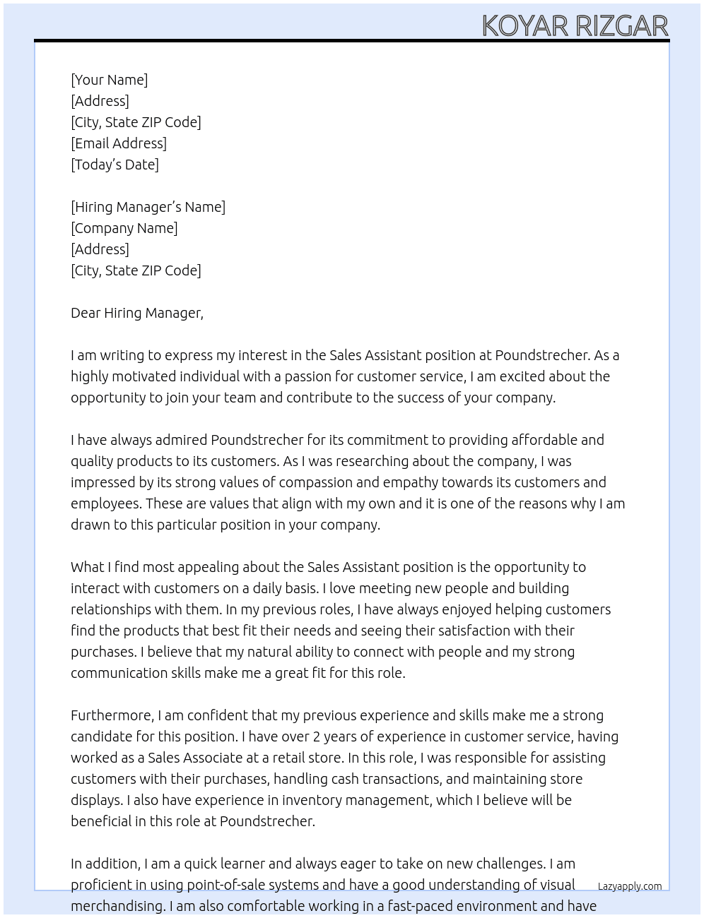 sales assistant At poundstrecher Cover Letter