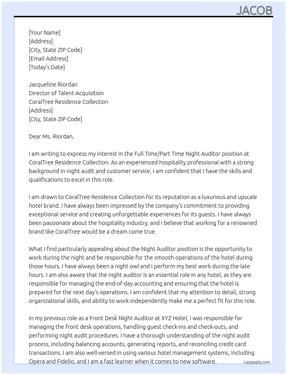 Full Time/ Part Time Night Auditor At CoralTree Residence Collection Cover Letter
