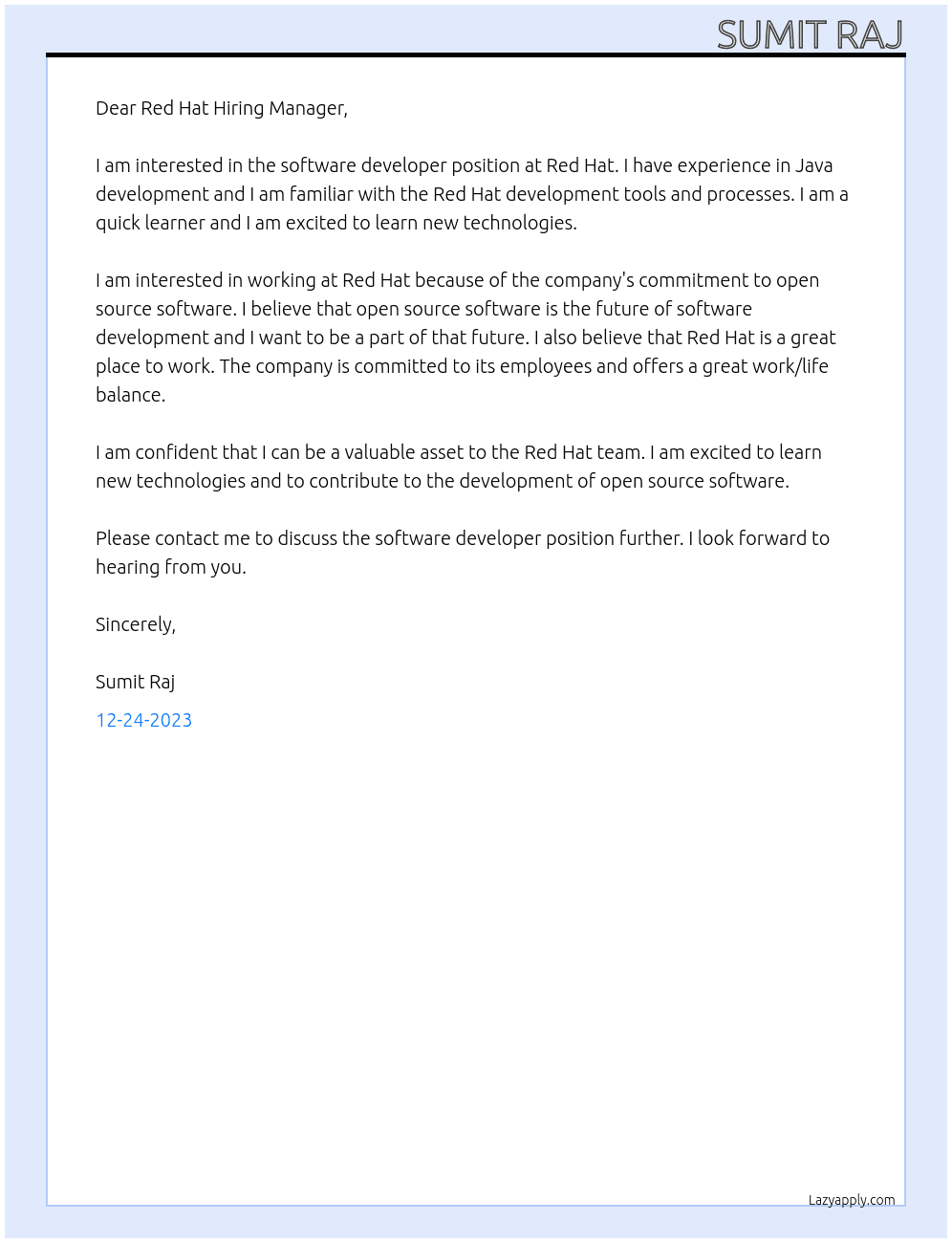 software developer At Red Hat Cover Letter