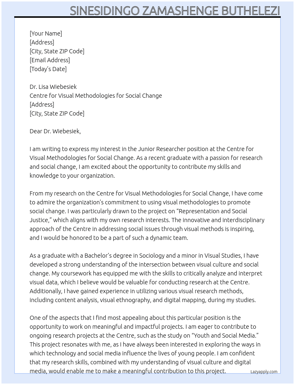 Cover letter for junior researcher - LazyApply