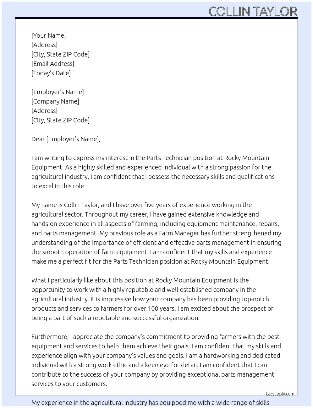 Parts Technician At Rocky Mountain Equipment Cover Letter