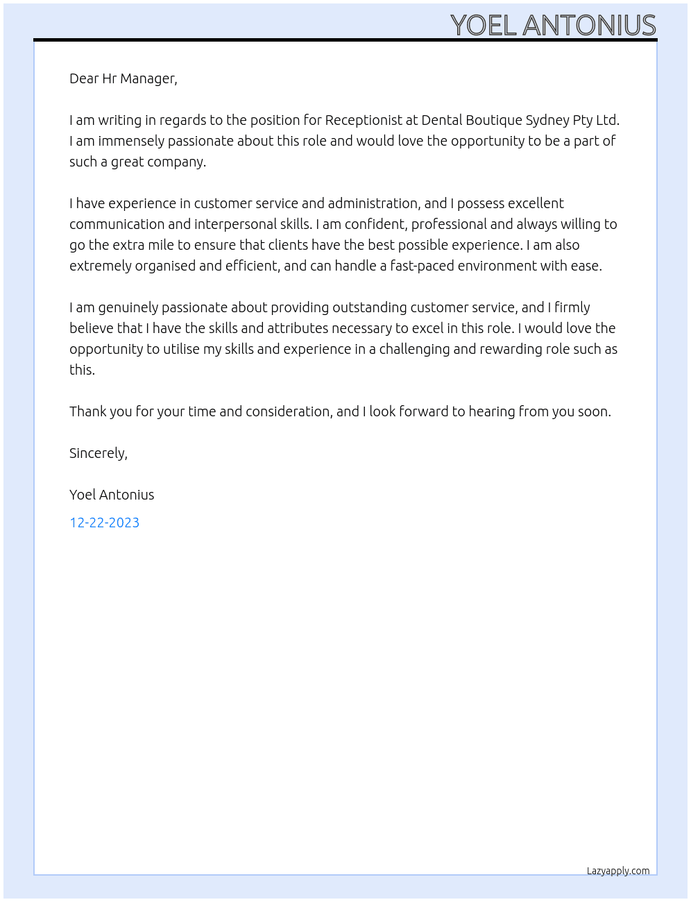 Receptionist At Dental Boutique Sydney Pty Ltd Cover Letter