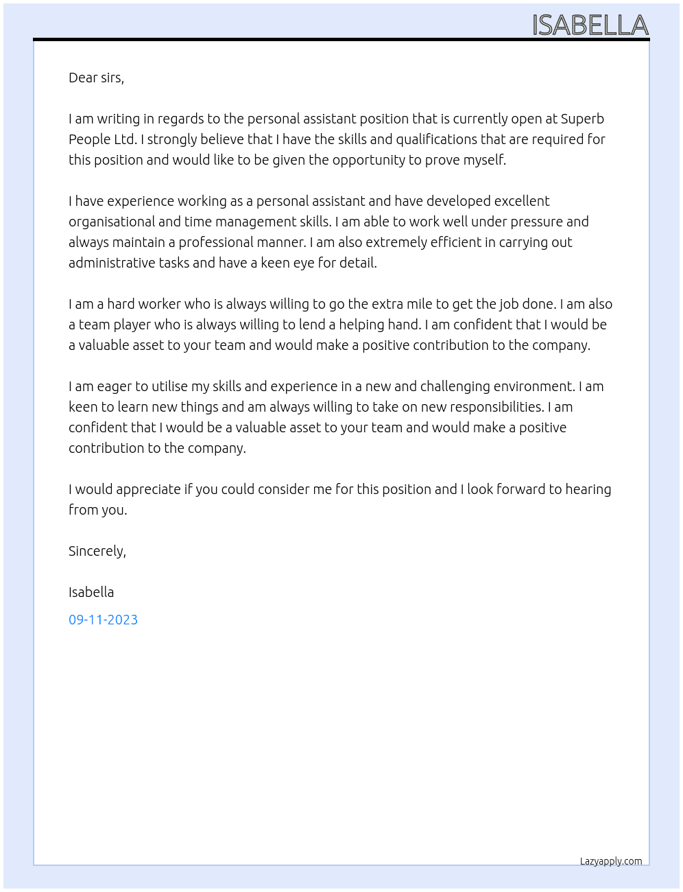 Personal Assistiant At Superb People Ltd Cover Letter