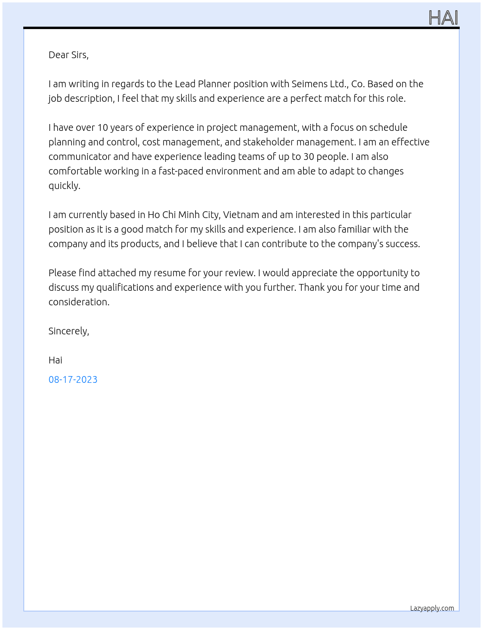 Lead Planner At Seimens Ltd., Co Cover Letter
