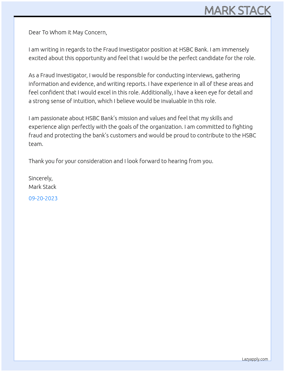 Fraud Investigator At HSBC Bank Cover Letter