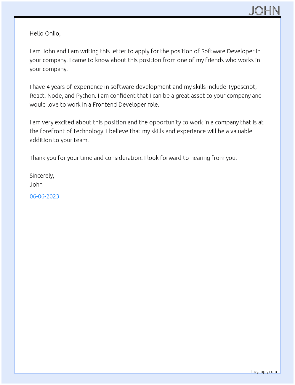 Software Developer At Onlio Cover Letter