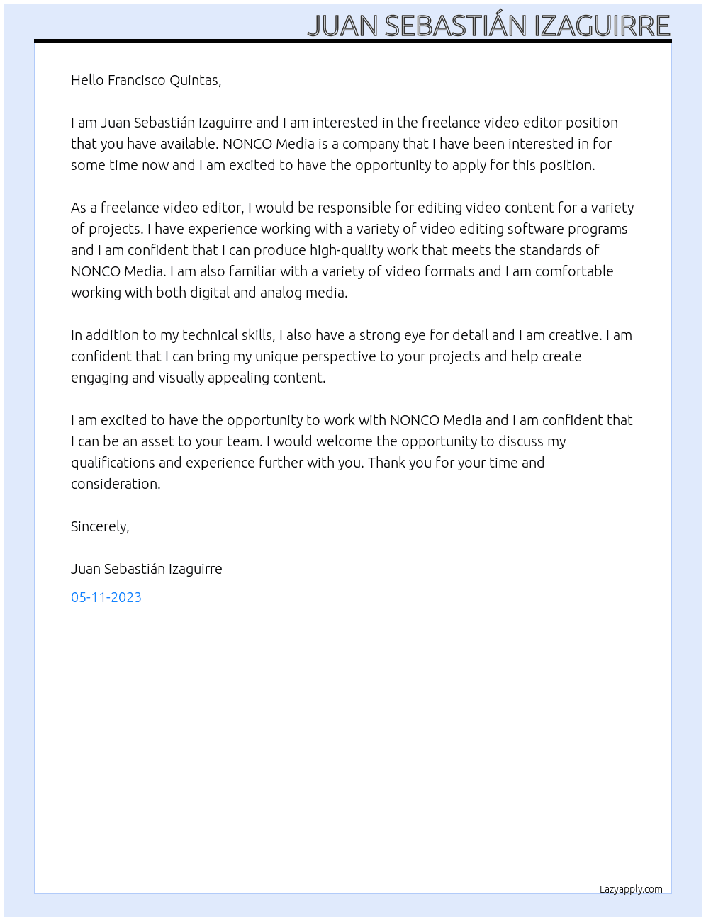 Freelance Video Editor At NONCO Media Cover Letter