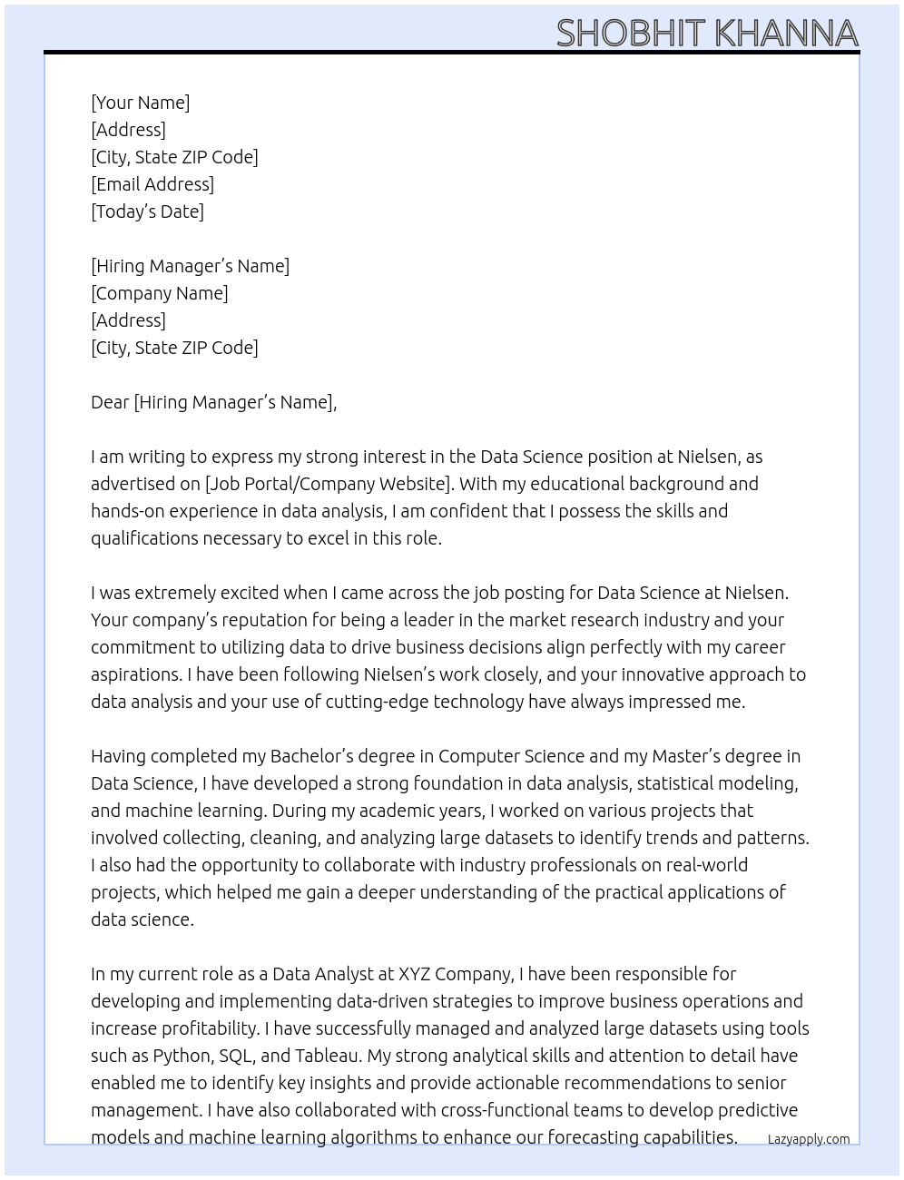 Data science  At Nielsen Cover Letter