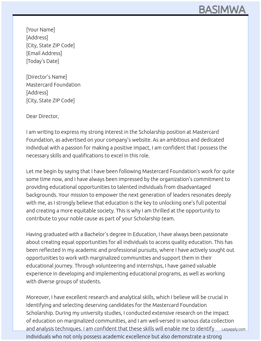 Scholarship  At Master card foundation  Cover Letter