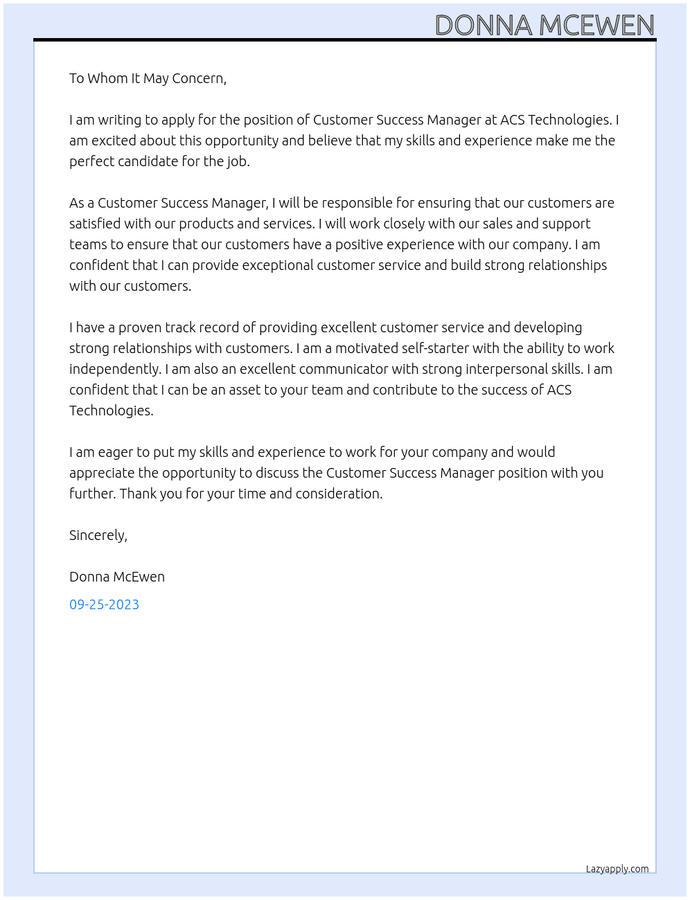 Customer Success Manager  At ACS Technologies Cover Letter