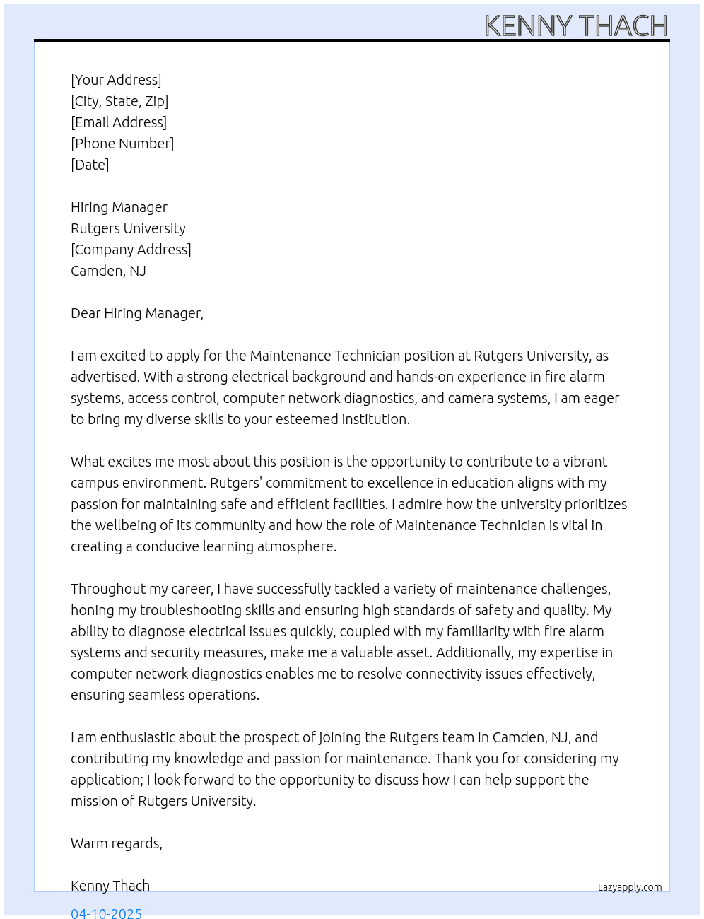 Maintenance Technician  At Rutgers University  Cover Letter
