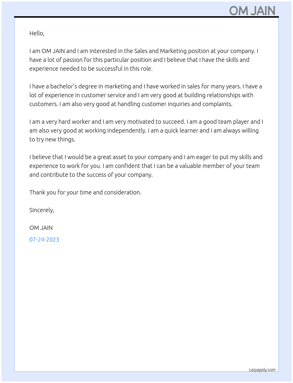  Sales and Marketing  At . Cover Letter