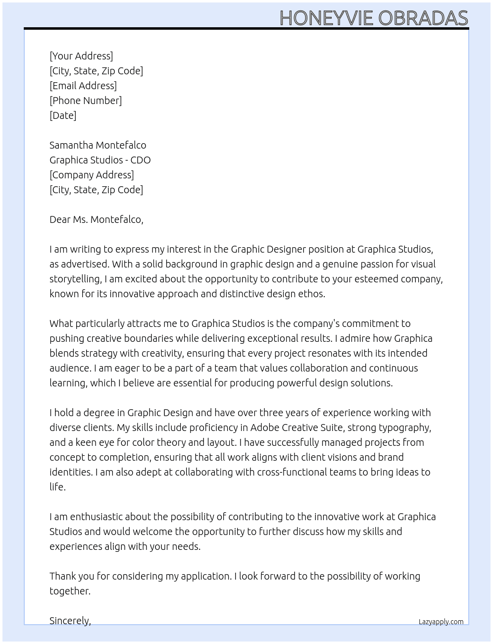 graphic designer At Graphica studios - CDO Cover Letter