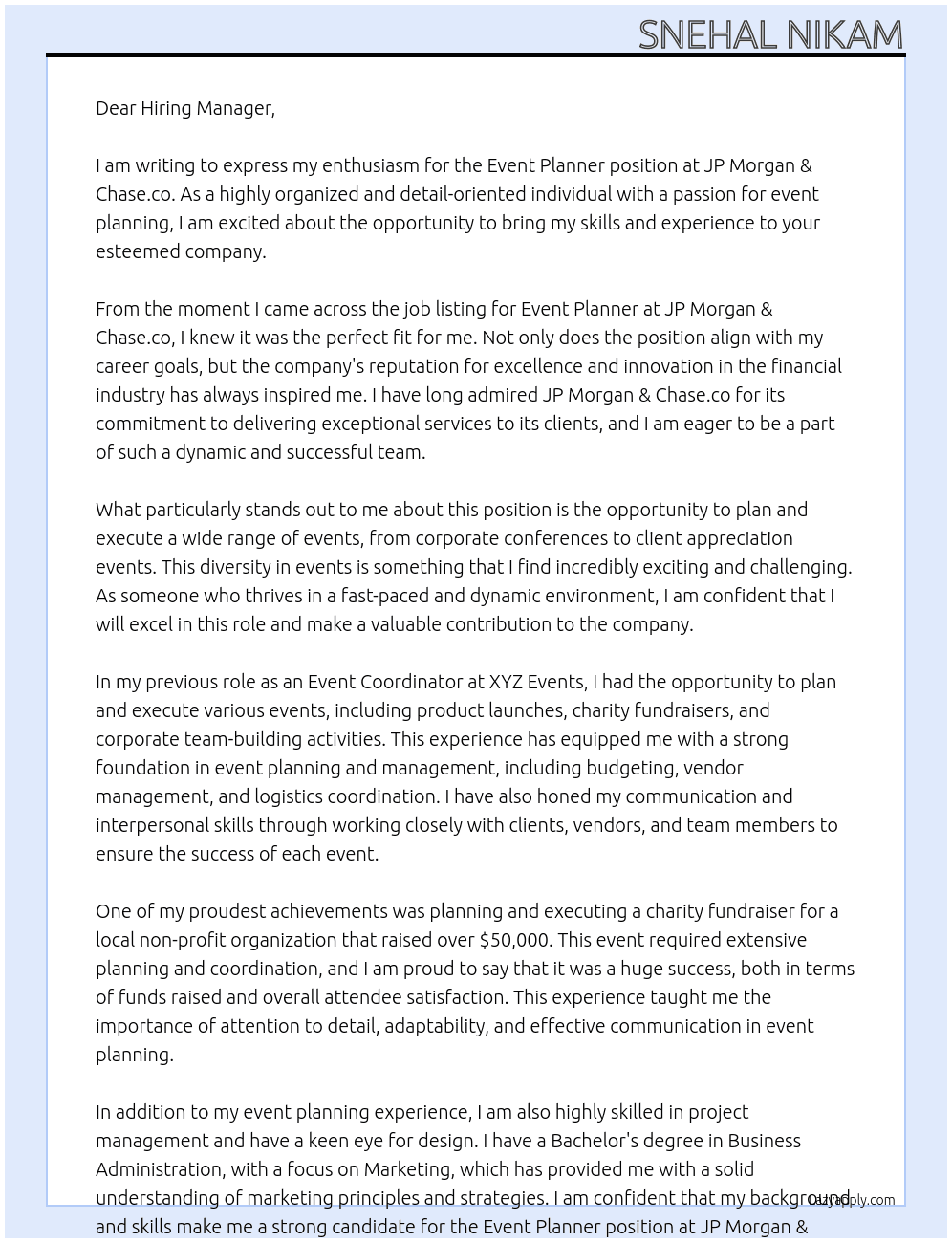 Event Planner At JP Morgan  & Chase. co Cover Letter