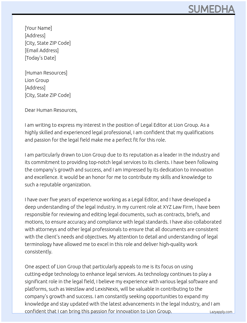 Legal Editor At Lion Group Cover Letter