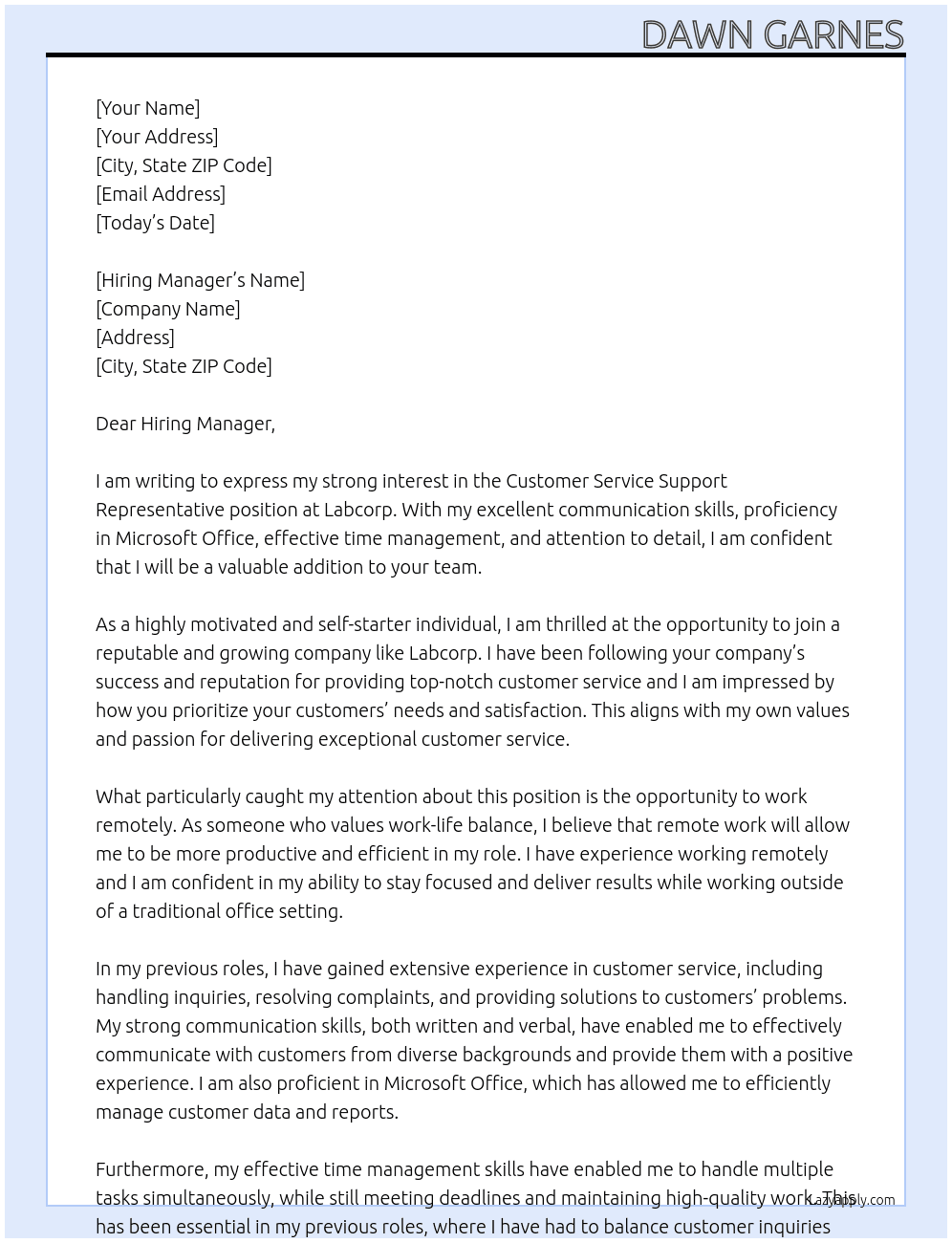 Customer Service Support Rep. At Labcorp Cover Letter