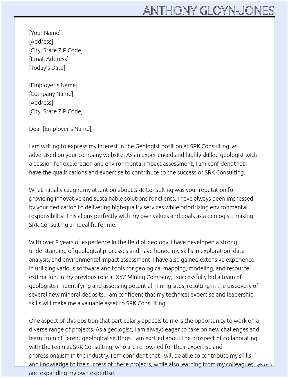 Geoligist At SRK consulting Cover Letter
