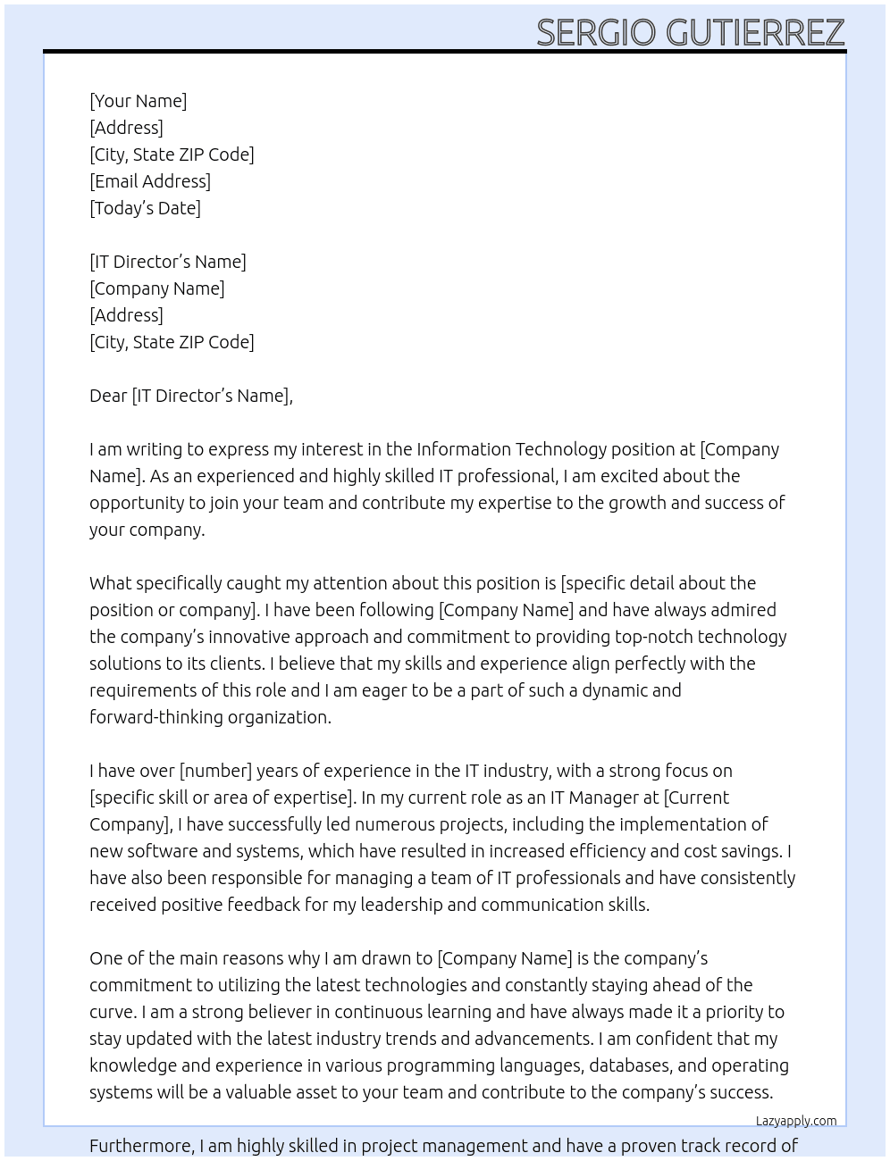 Information technology At IT job Cover Letter