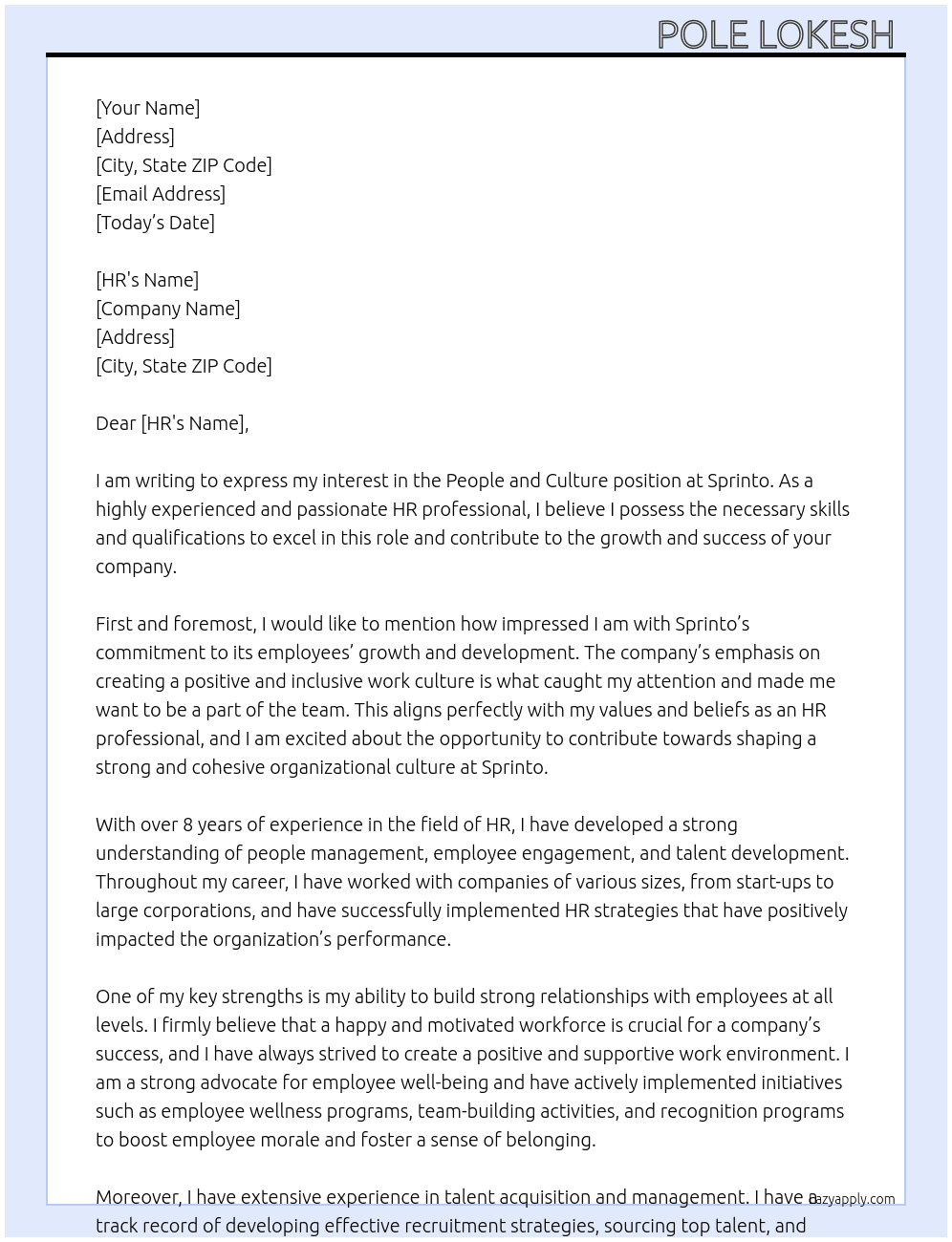 People and culture  At Sprinto Cover Letter
