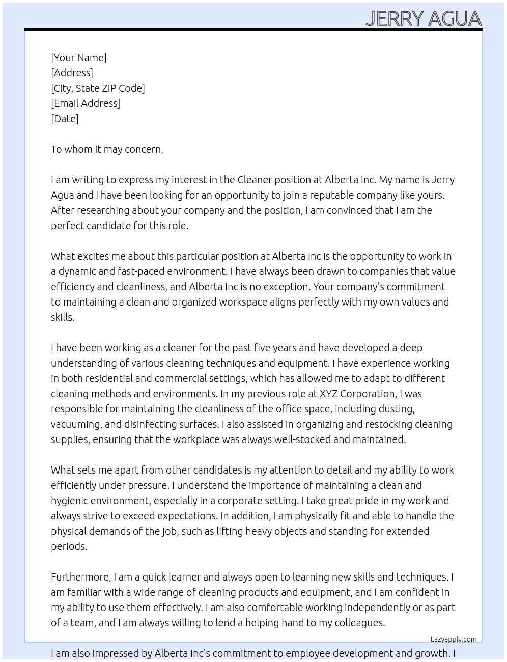 Cleaner At Alberta Inc Cover Letter