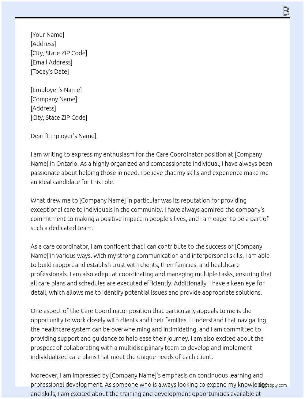 Care coordinator  At Ontario  Cover Letter