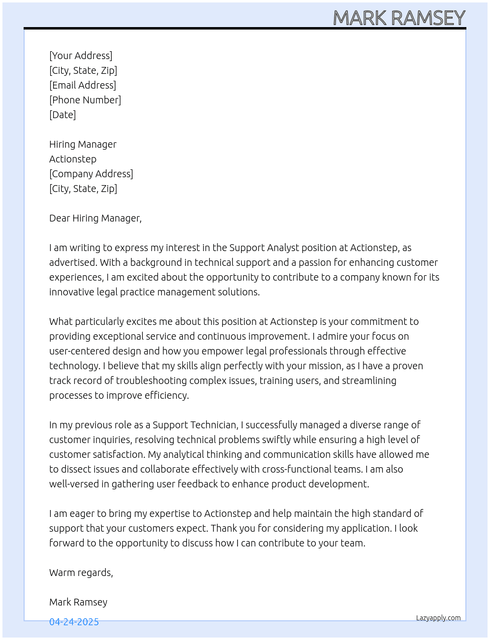 Support Analyst At Actionstep Cover Letter
