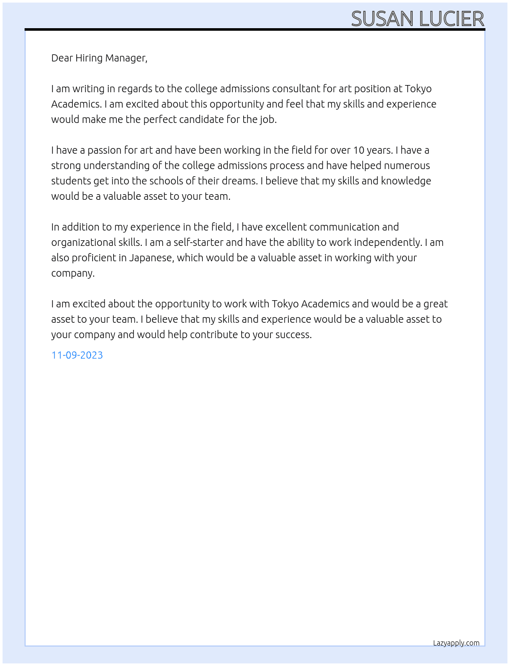 college admissions consultant for art At Tokyo Academics Cover Letter