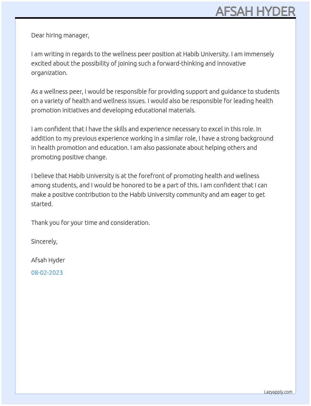 Wellness Peer At Habib University Wellness Center Cover Letter