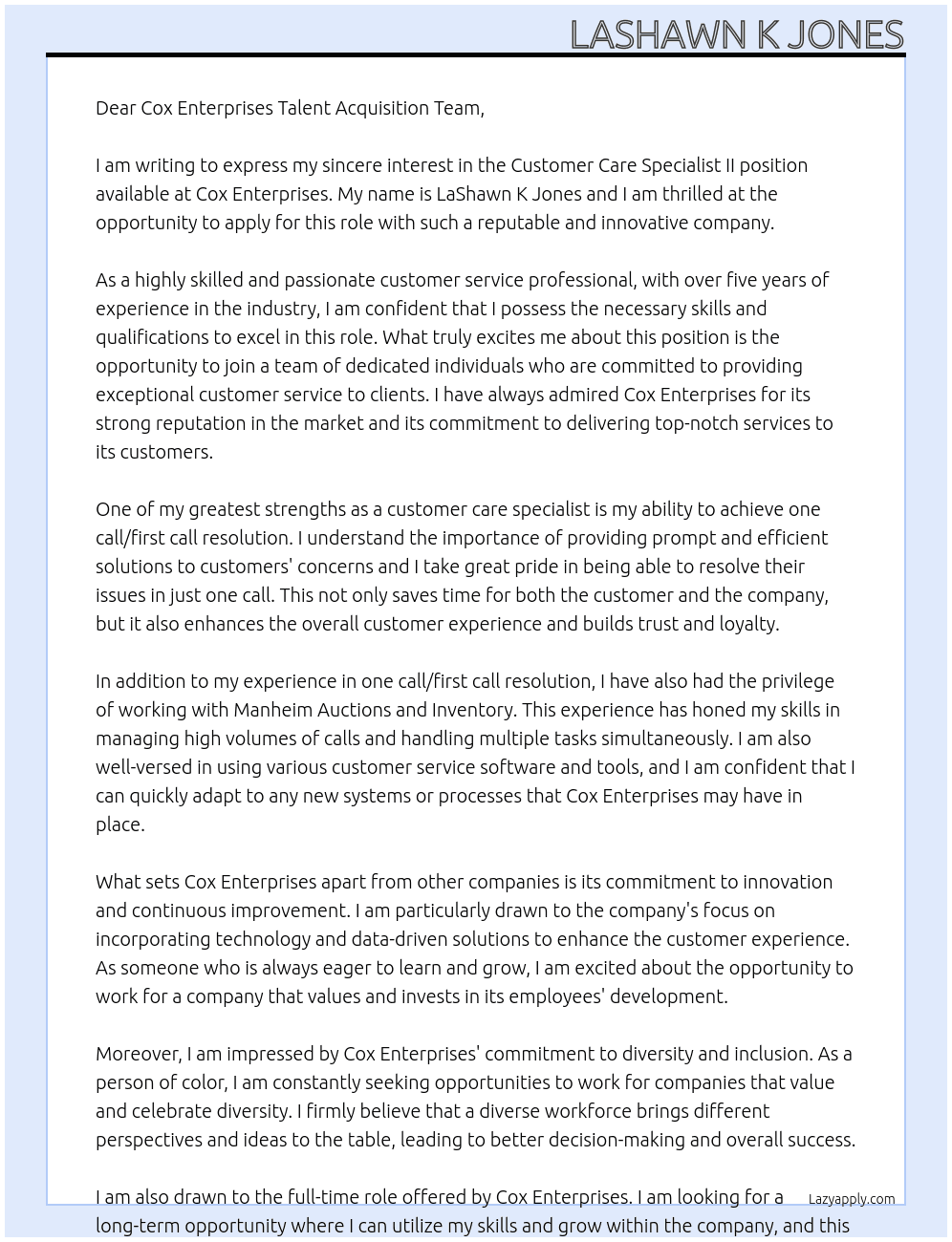 Customer Care Specialist II At Cox Enterprises Cover Letter