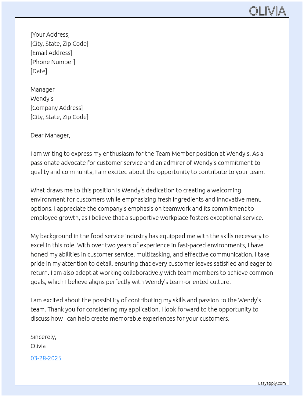 team member  At wendys Cover Letter