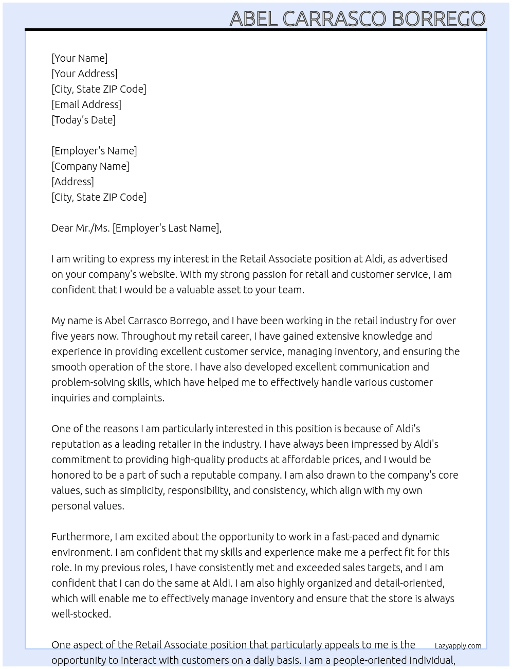 Retail Associate  At Aldi Cover Letter