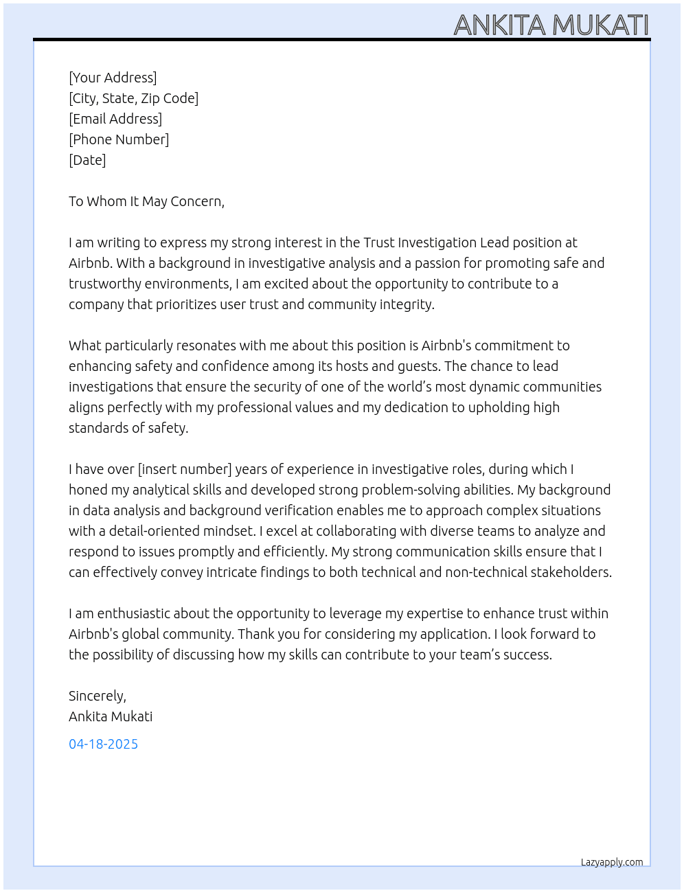 Cover letter for trust investigation lead - LazyApply