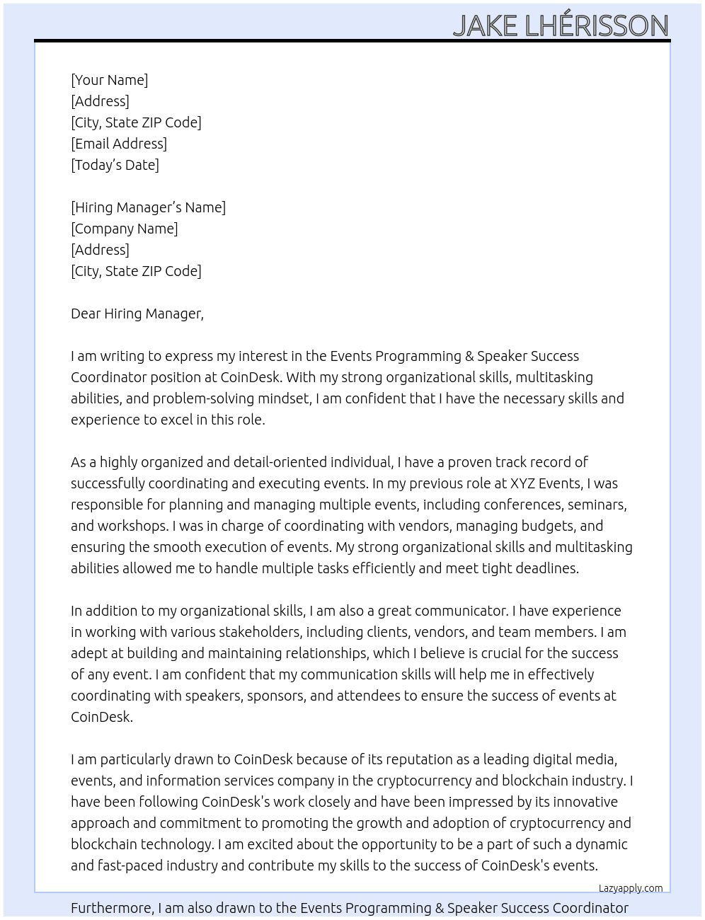 Events Programming & Speaker Success Coordinator At CoinDesk Cover Letter