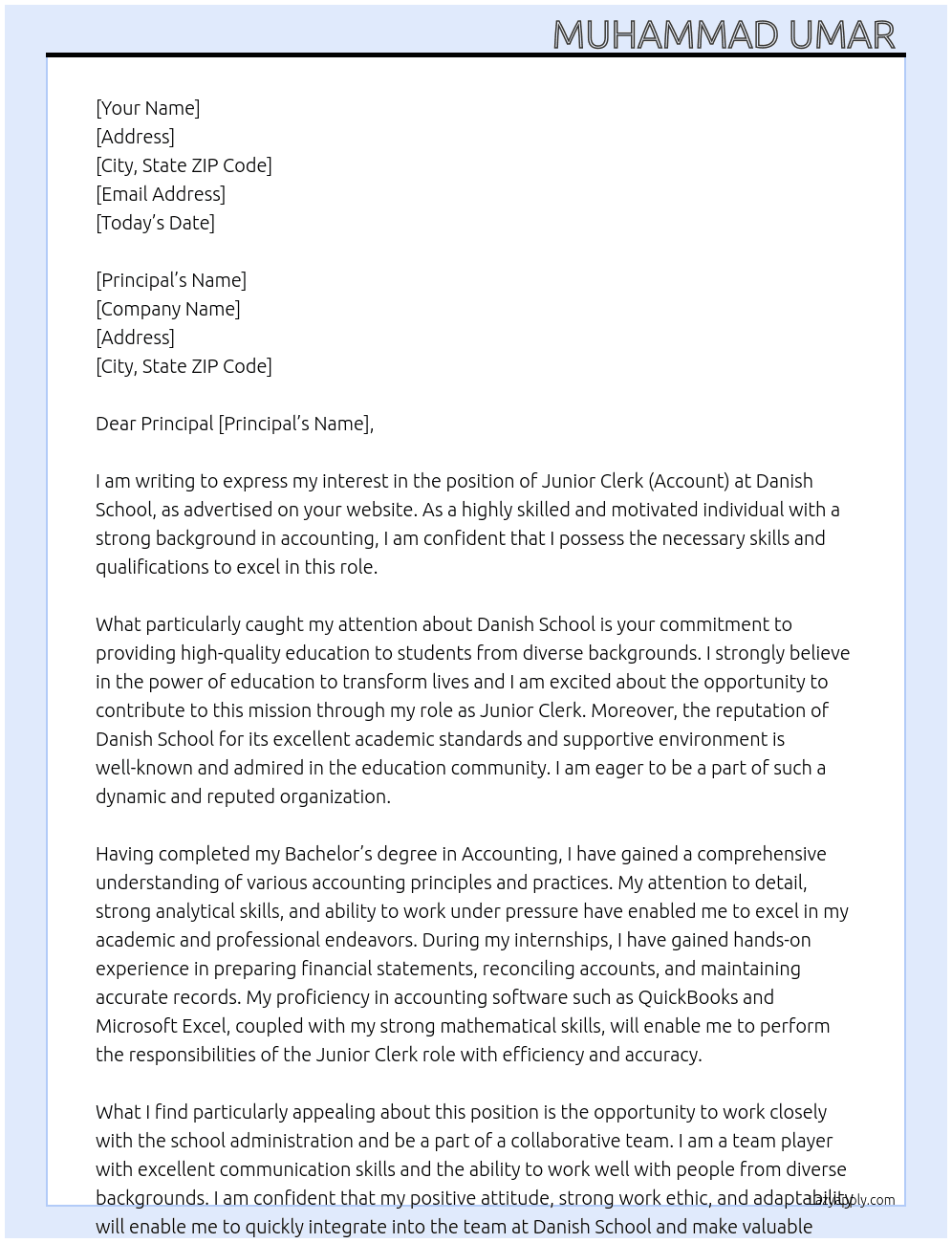 Junior Clerk (Account) At DANISH SCHOOL  Cover Letter