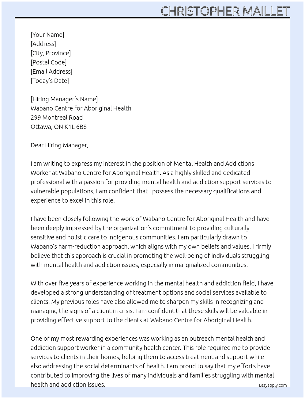 Mental Health and Addictions Worker At Wabano Centre for Aboriginal Health Cover Letter