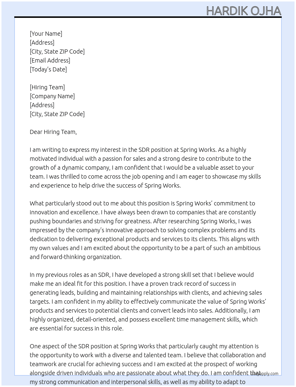 SDR  At Spring works Cover Letter