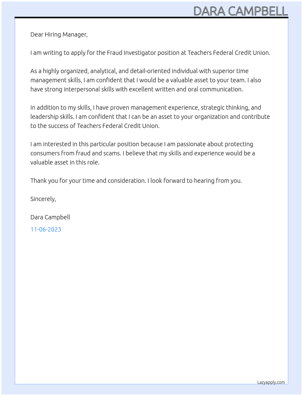 Fraud Investigator At Teachers Federal Credit Union Cover Letter