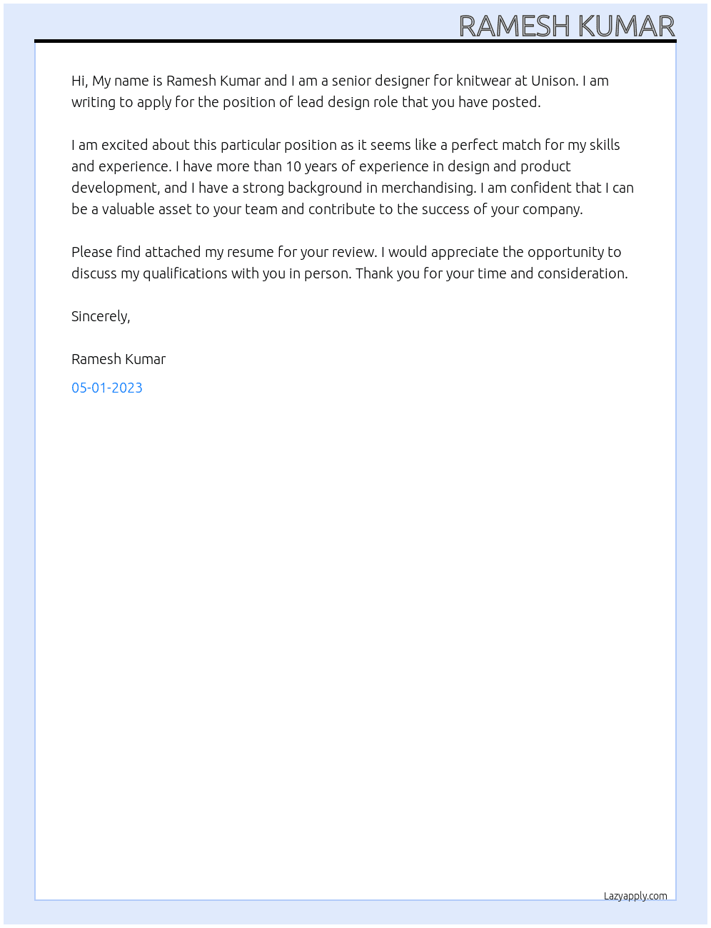 Senior Designer knitwear At Unison  Cover Letter