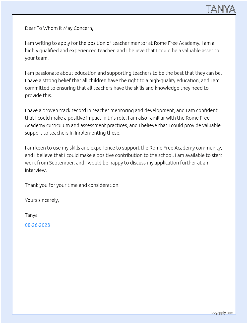 teacher mentor At Rome Free Academy Cover Letter