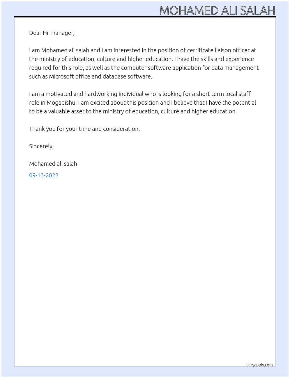 certificate liaison officer  At ministry of education ,culture ands higher education Cover Letter