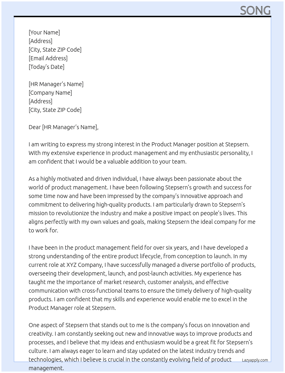 product manager At Stepsern Cover Letter