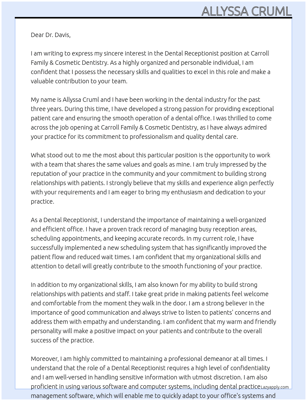 Dental Receptionist At Carroll Family & Cosmetic Dentistry Cover Letter