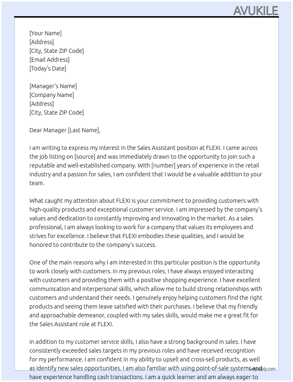 sales assistant At FLEXI  Cover Letter