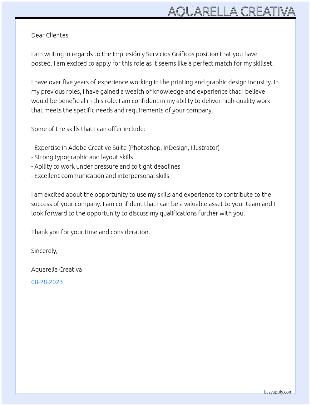 Impresión y Servicios Gráficos At Clientes Cover Letter