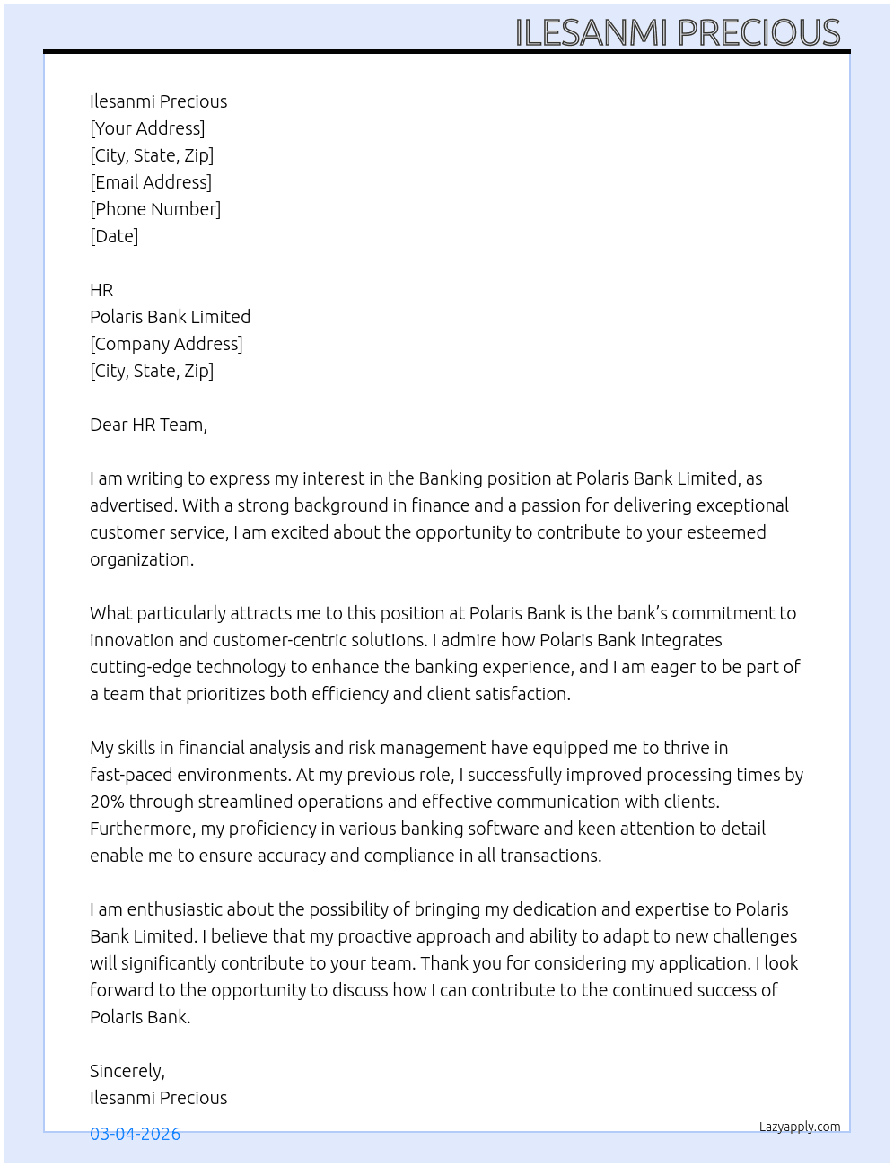 Banking  At Polaris bank limited  Cover Letter