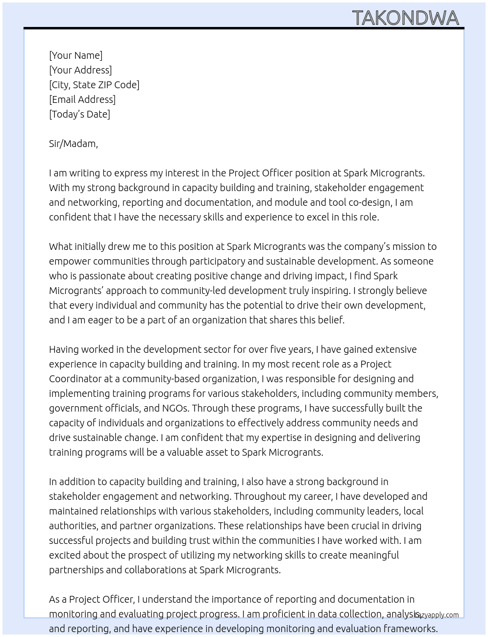 Project Officer At Spark Microgrants Cover Letter