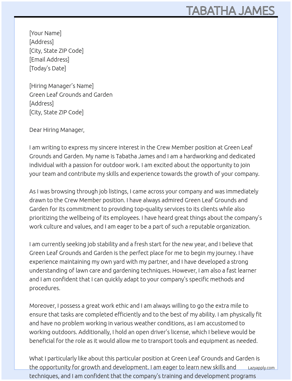 Crew member At Green Leaf Grounds and Garden Cover Letter